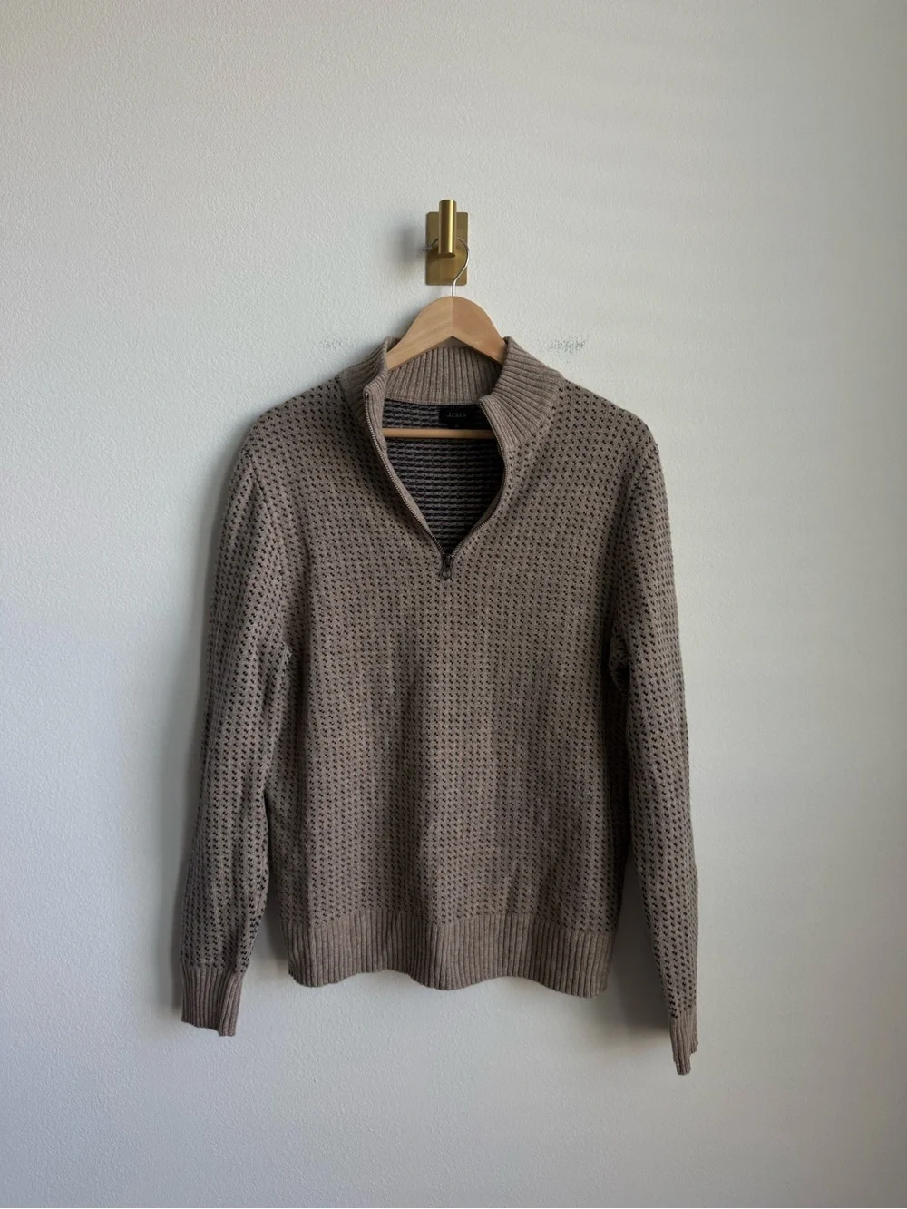 J.Crew Rugged Merino Birdseye Half Zip Sweater Tan Navy Men's Medium